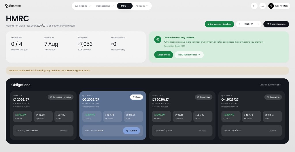Snaptax HMRC dashboard showing quarterly obligations and MTD submission status